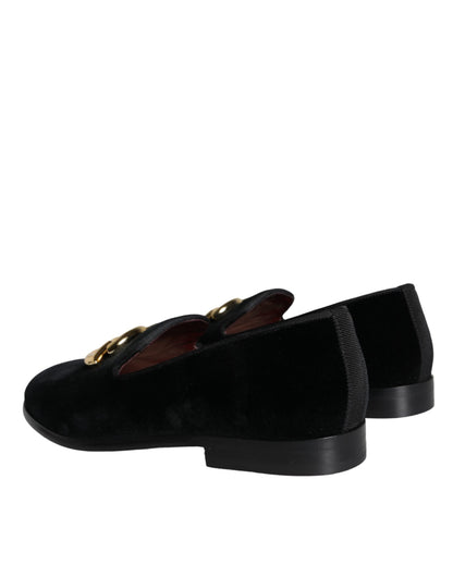 Dolce &amp; Gabbana Black Velvet Cotton Logo Loafers Dress Shoes