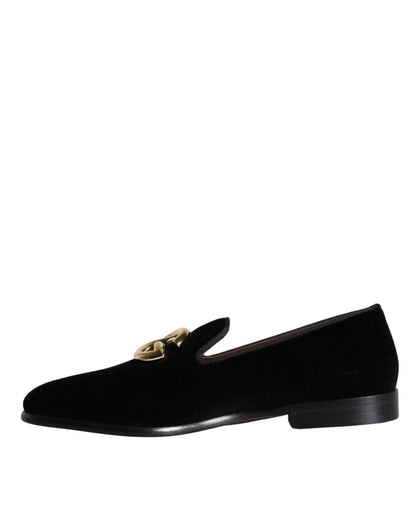 Dolce &amp; Gabbana Black Velvet Cotton Logo Loafers Dress Shoes