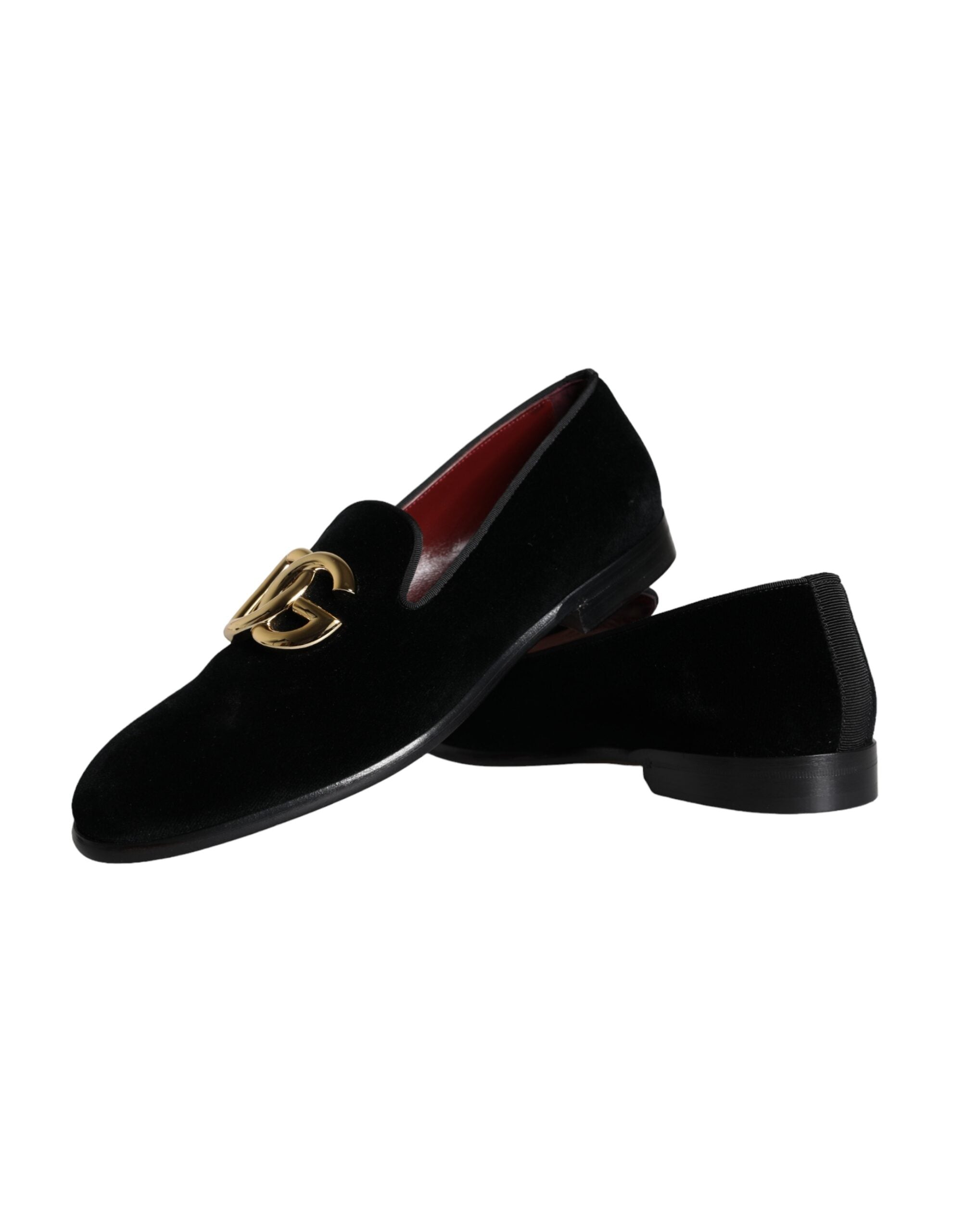 Dolce &amp; Gabbana Black Velvet Cotton Logo Loafers Dress Shoes