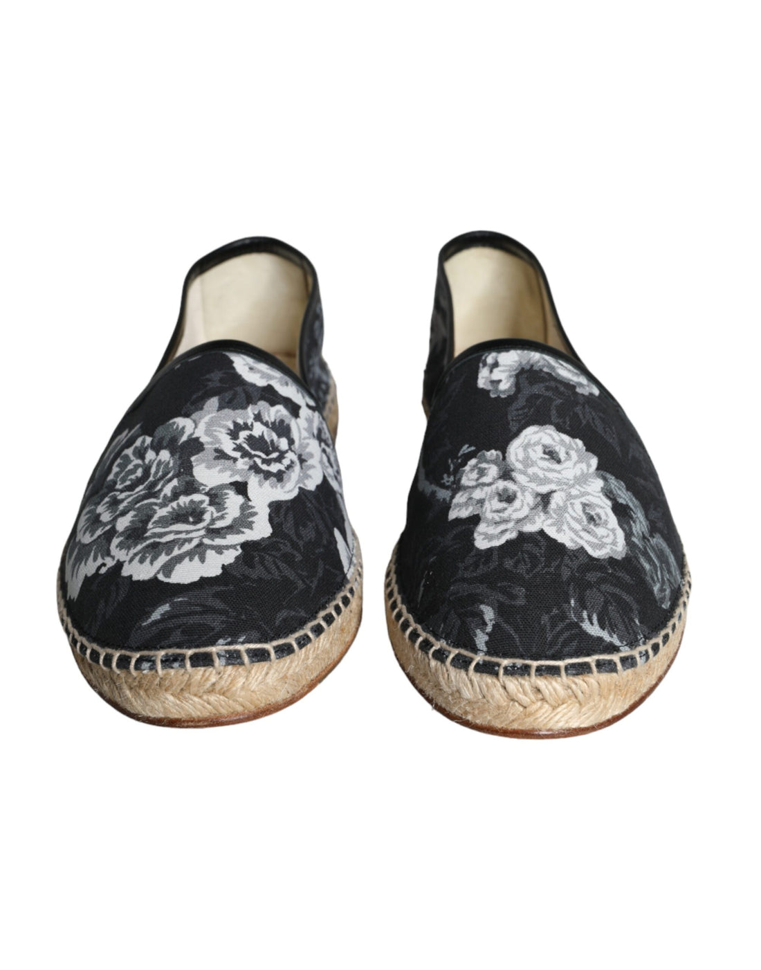 Dolce &amp; Gabbana Black Floral Cotton Leather Espadrilles Shoes