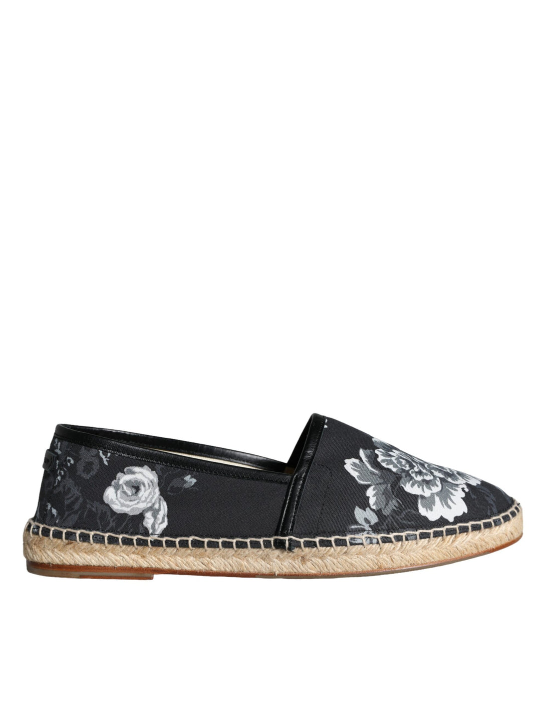 Dolce &amp; Gabbana Black Floral Cotton Leather Espadrilles Shoes