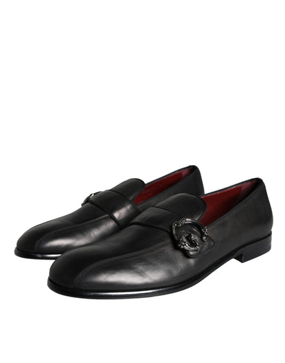 Dolce &amp; Gabbana Black Leather Logo Loafers Men Dress Shoes