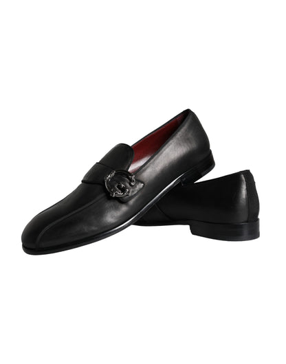 Dolce &amp; Gabbana Black Leather Logo Loafers Men Dress Shoes