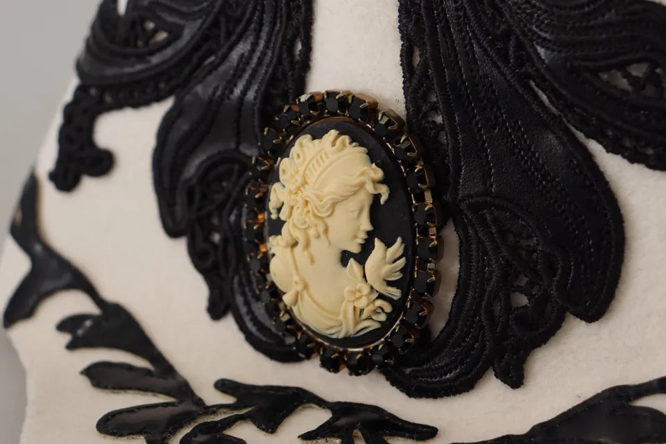 Dolce &amp; Gabbana White Black Wool Embroidered Cameo Brooch Hat