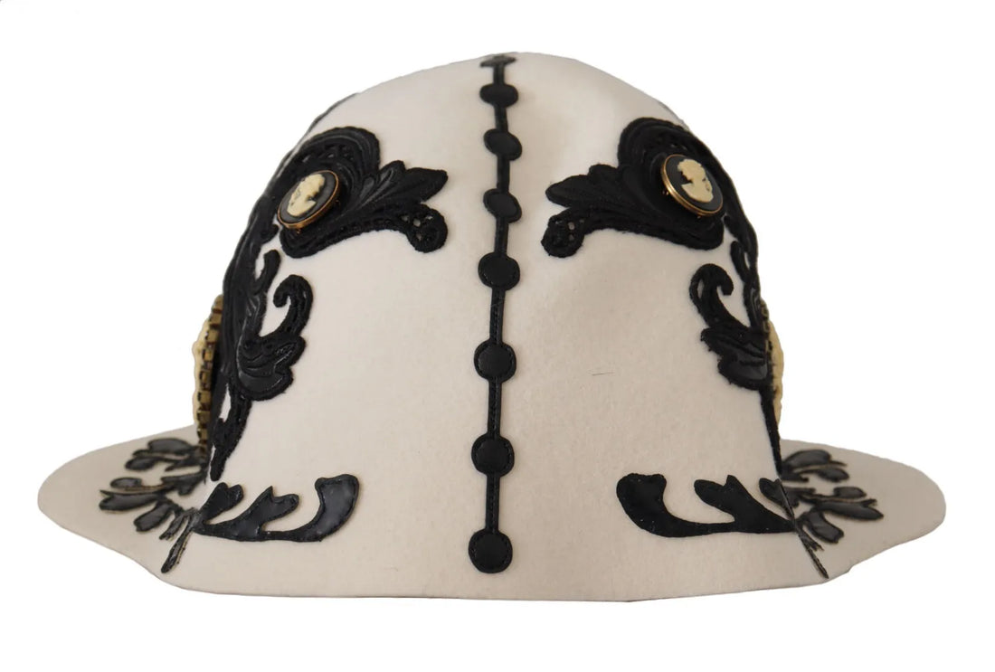 Dolce &amp; Gabbana White Black Wool Embroidered Cameo Brooch Hat