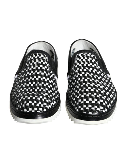 Dolce &amp; Gabbana Black White Weaved Slip On Men Loafers Shoes