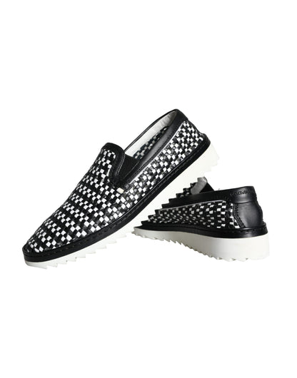 Dolce &amp; Gabbana Black White Weaved Slip On Men Loafers Shoes