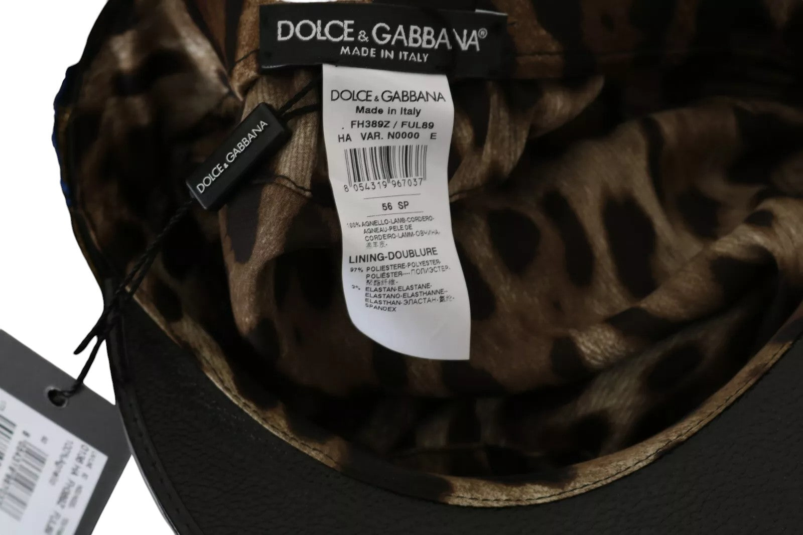 Dolce &amp; Gabbana Black Leather Crystal Beads Gold Ribbon Fiddler Cap