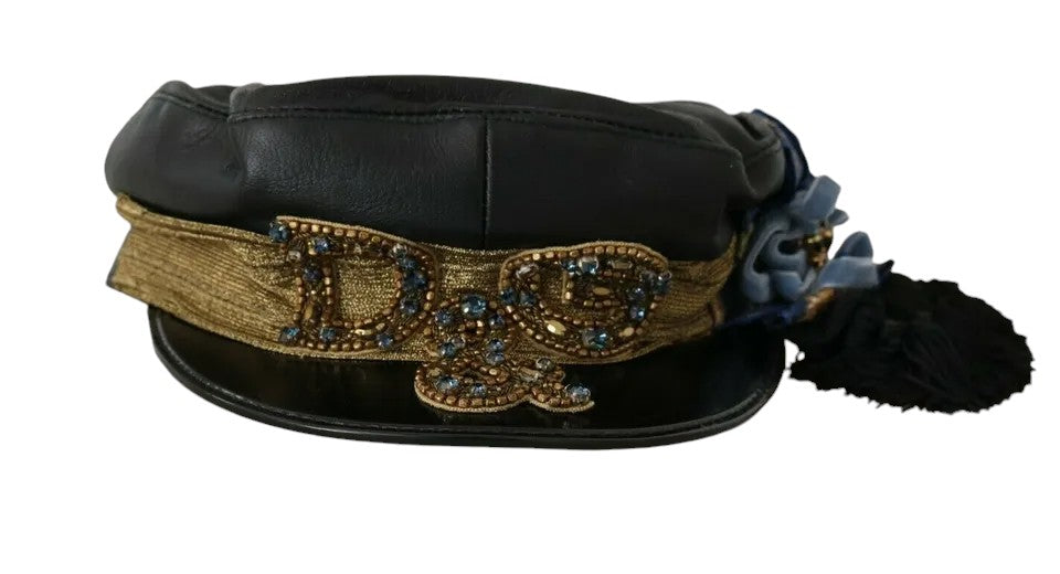 Dolce &amp; Gabbana Black Leather Crystal Beads Gold Ribbon Fiddler Cap