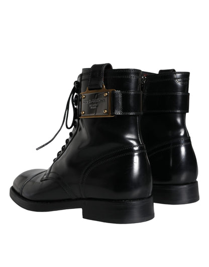 Dolce &amp; Gabbana Black Logo Lace Up Mid Calf Men Boots Shoes