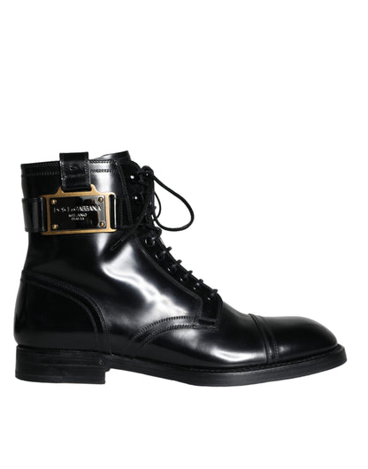 Dolce &amp; Gabbana Black Logo Lace Up Mid Calf Men Boots Shoes