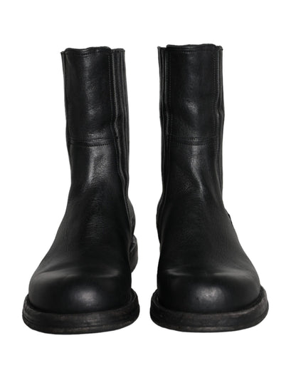 Dolce &amp; Gabbana Black Horse Leather Mid Calf Boots Men Shoes