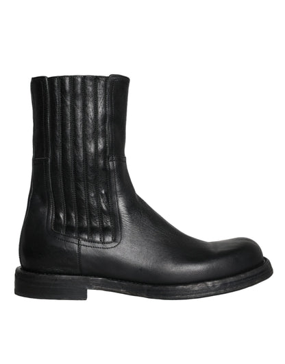 Dolce &amp; Gabbana Black Horse Leather Mid Calf Boots Men Shoes