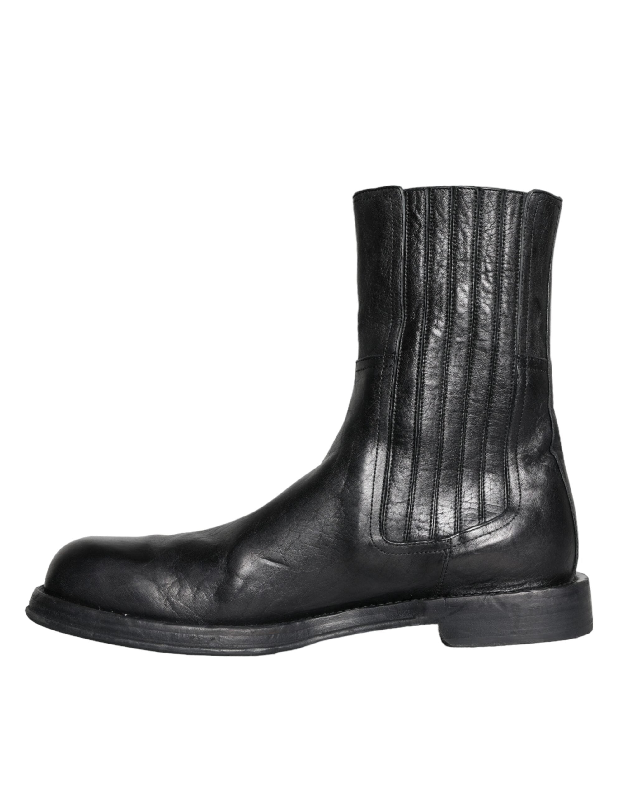 Dolce &amp; Gabbana Black Horse Leather Mid Calf Boots Men Shoes