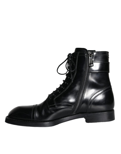 Dolce &amp; Gabbana Black Logo Lace Up Mid Calf Men Boots Shoes