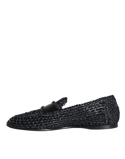 Dolce &amp; Gabbana Black Woven Raffia Slip On Loafers Men Shoes