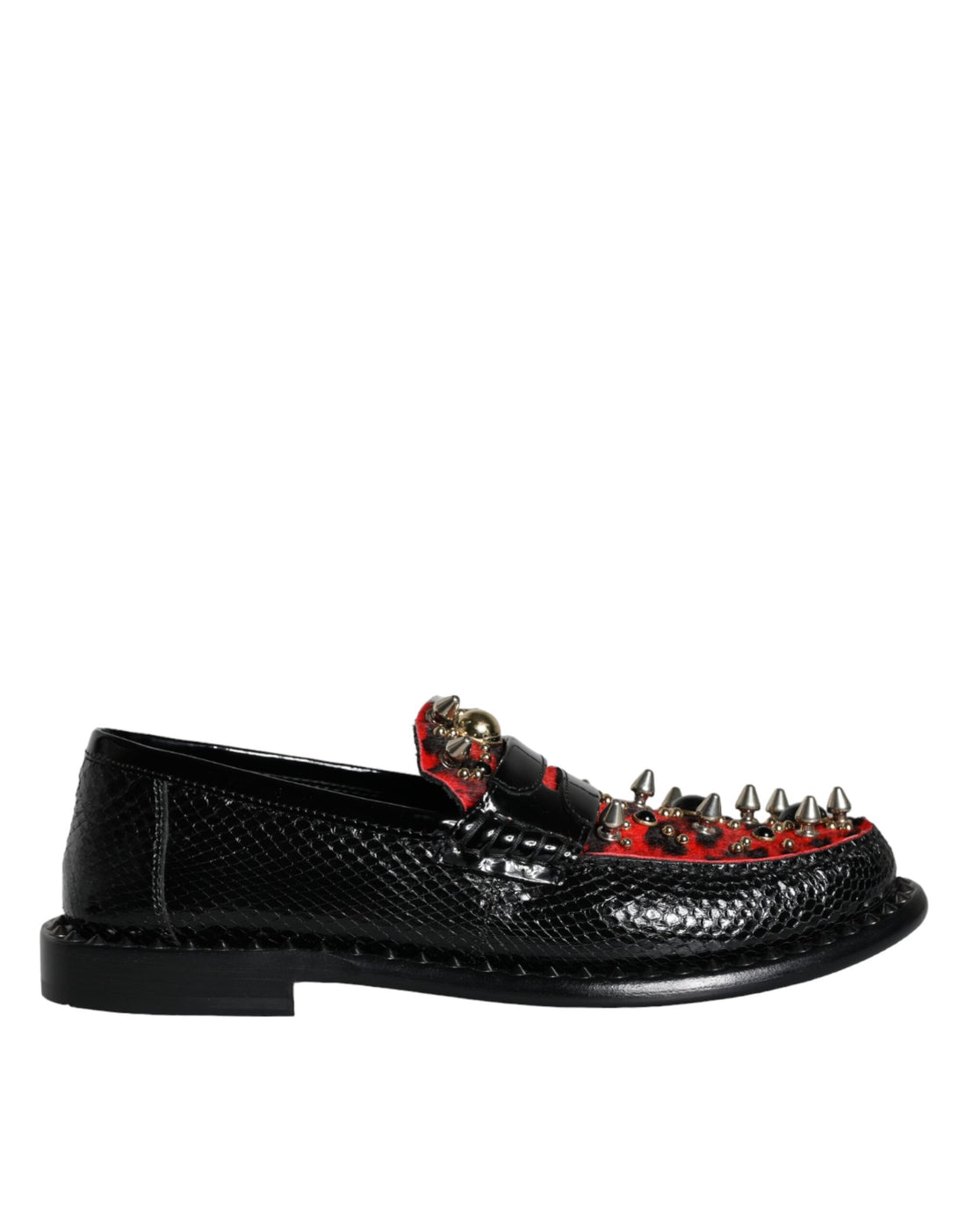 Dolce &amp; Gabbana Black Leopard Print Studs Leather Loafers Shoes