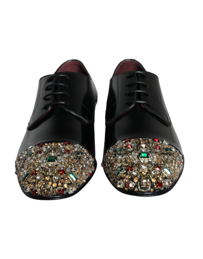 Dolce &amp; Gabbana Black Leather RUNWAY POSITANO Crystal Derby Men Shoes