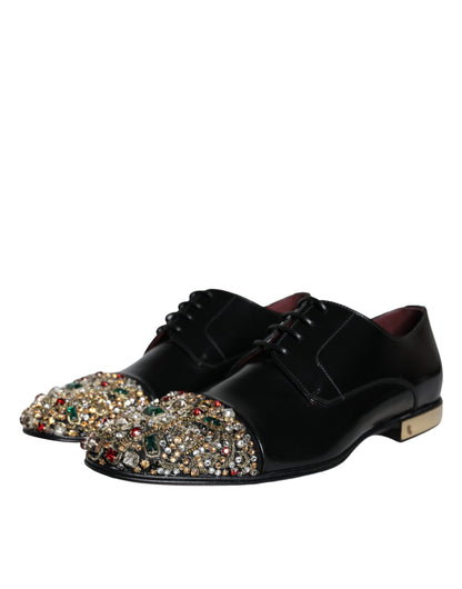 Dolce &amp; Gabbana Black Leather RUNWAY POSITANO Crystal Derby Men Shoes