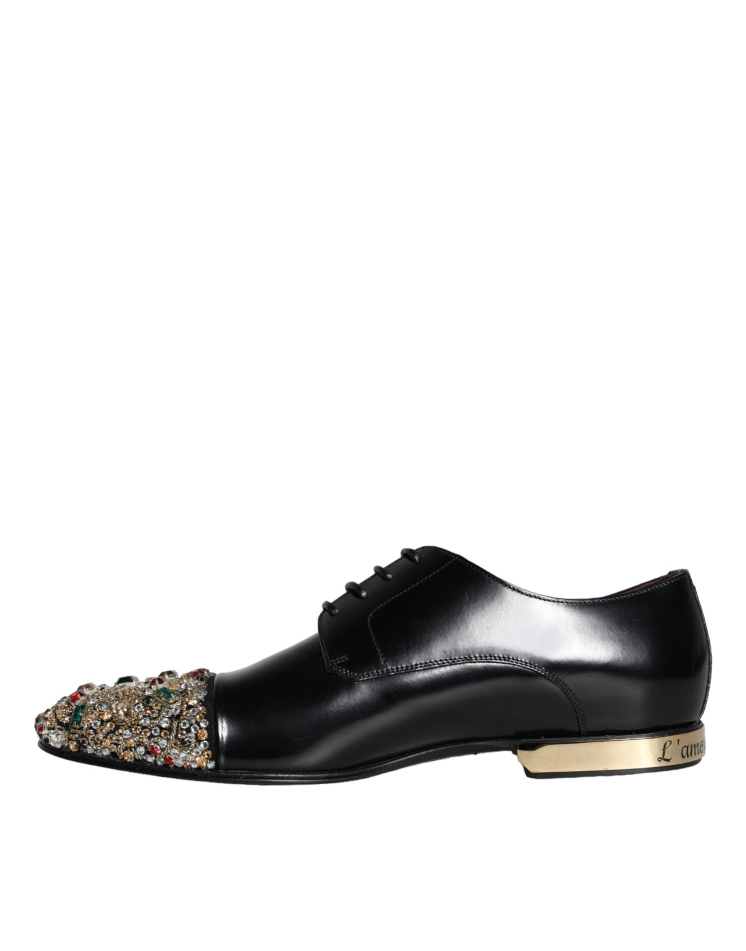 Dolce &amp; Gabbana Black Leather RUNWAY POSITANO Crystal Derby Men Shoes