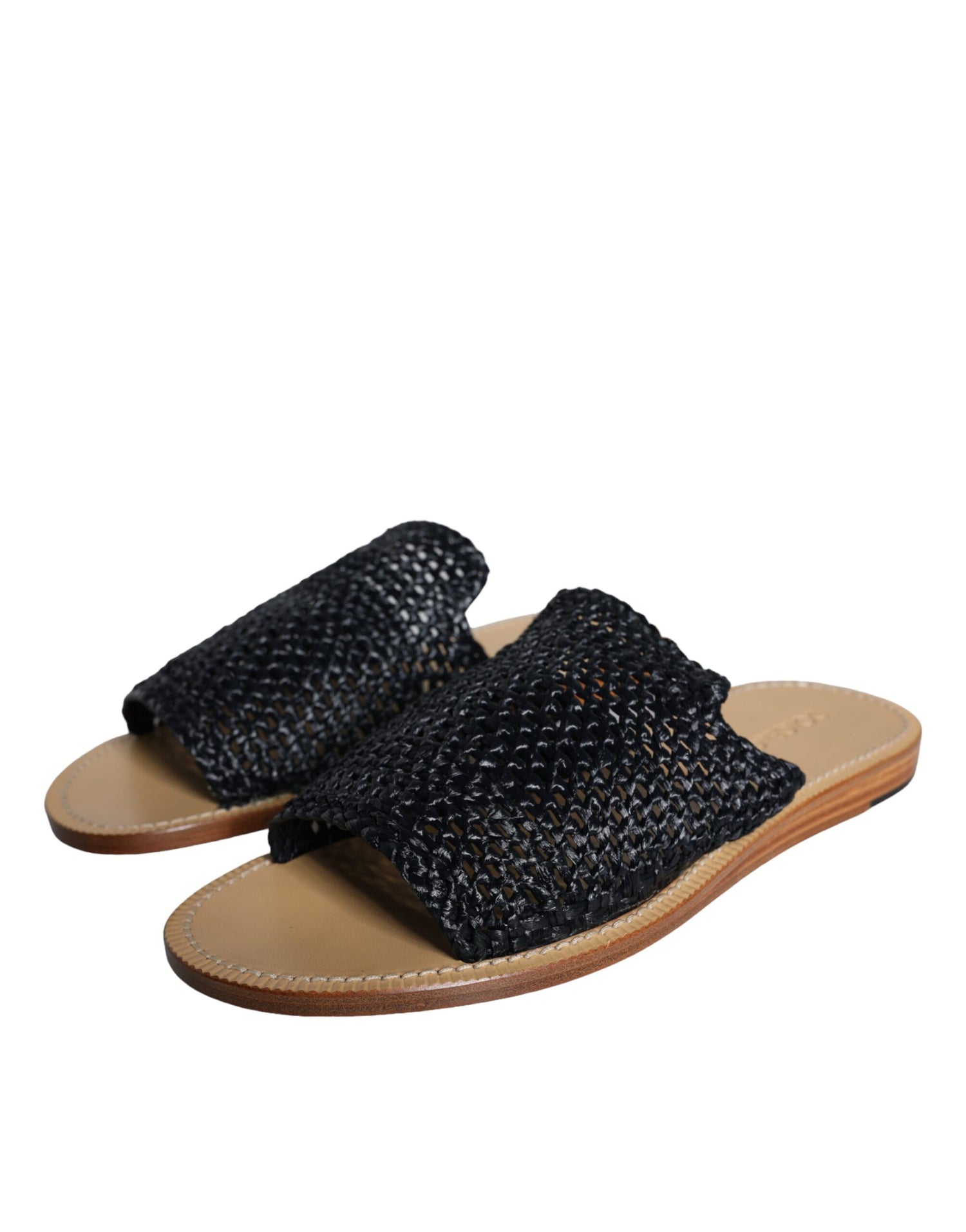 Dolce &amp; Gabbana Black Monochrome Braided Raffia Slides Shoes