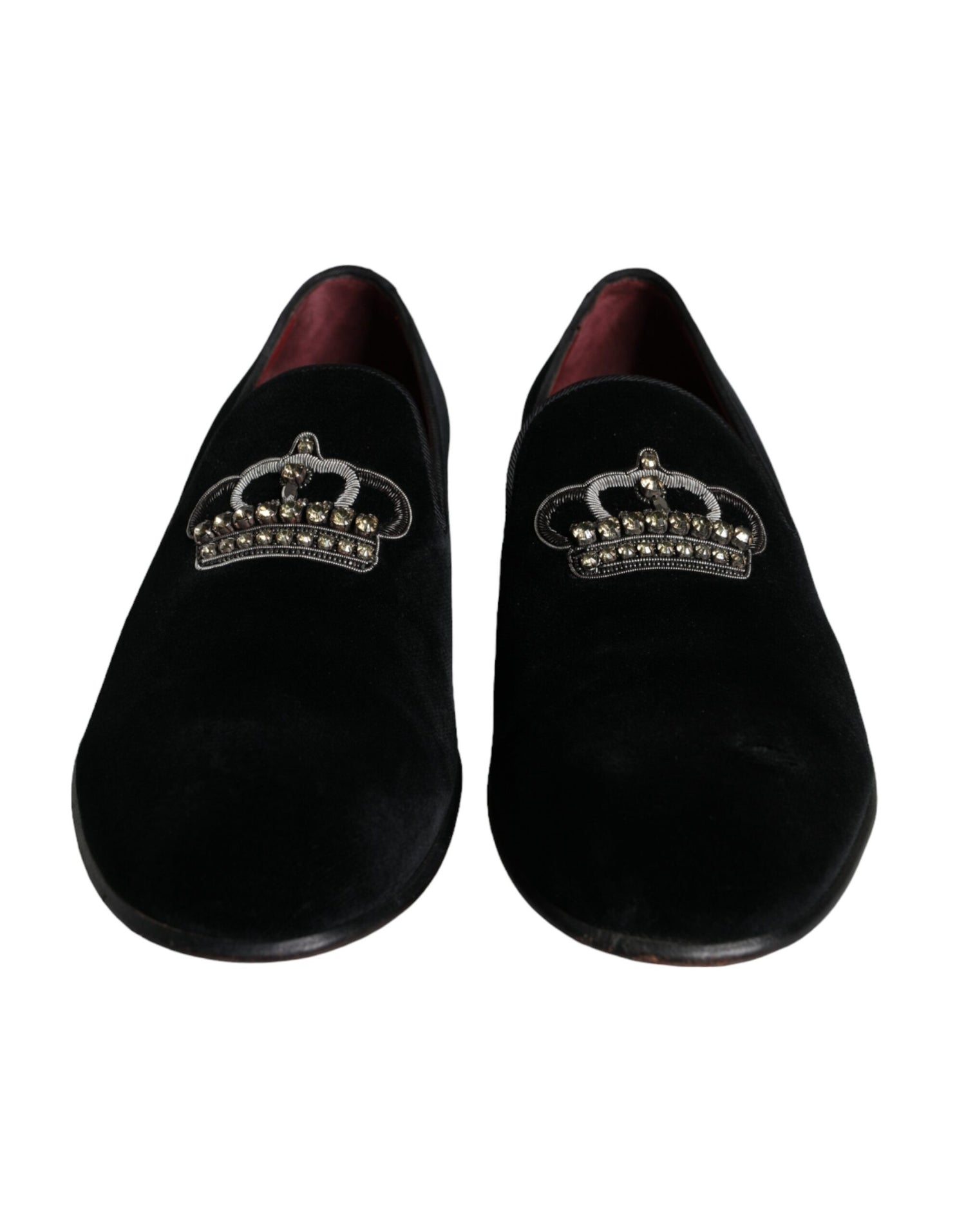 Dolce &amp; Gabbana Black Velvet Crystal Crown Men Loafers Shoes