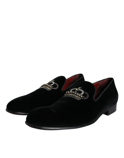 Dolce &amp; Gabbana Black Velvet Crystal Crown Men Loafers Shoes