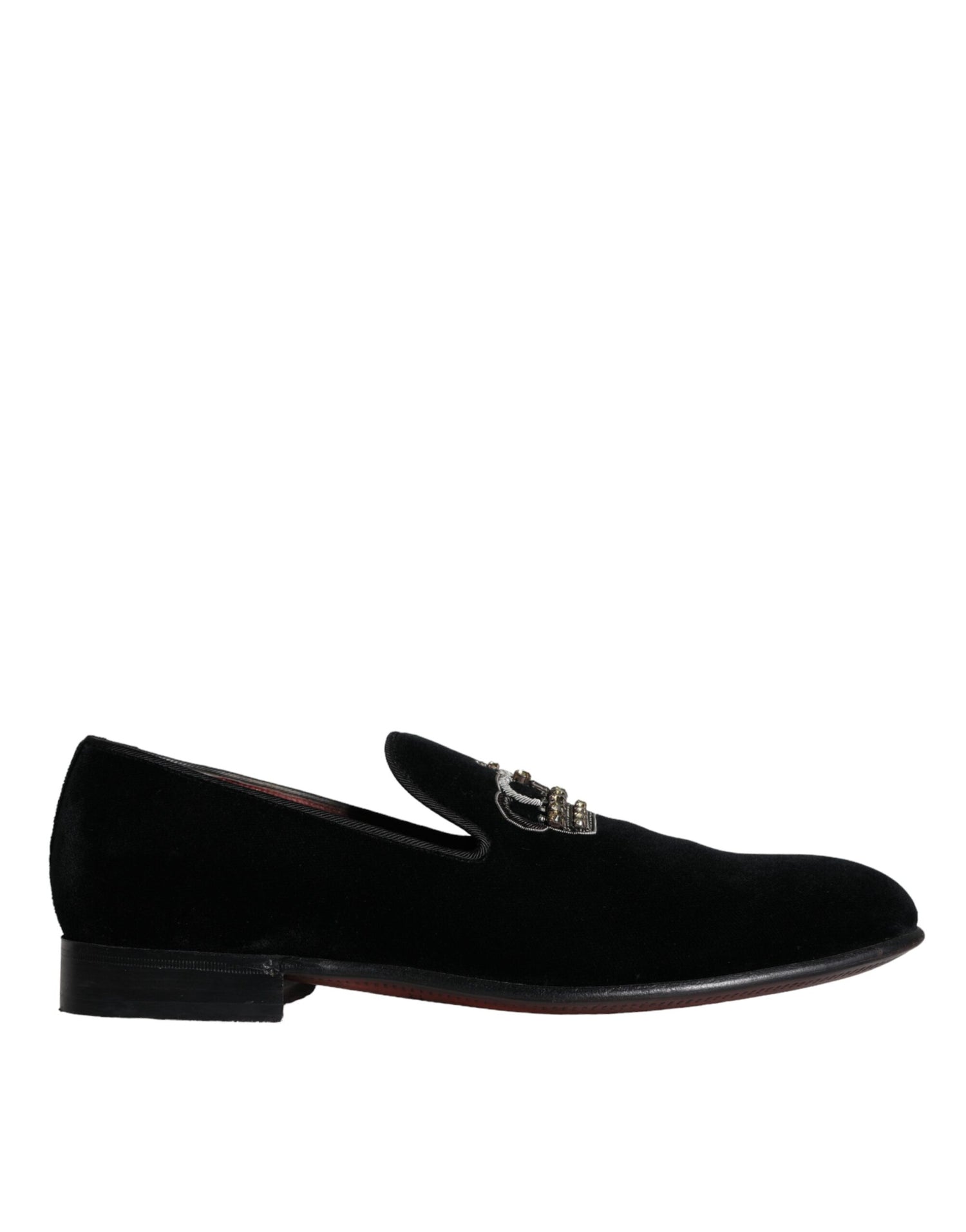 Dolce &amp; Gabbana Black Velvet Crystal Crown Men Loafers Shoes