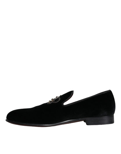 Dolce &amp; Gabbana Black Velvet Crystal Crown Men Loafers Shoes