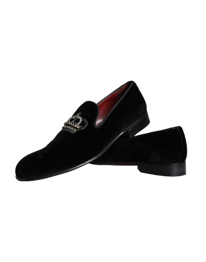 Dolce &amp; Gabbana Black Velvet Crystal Crown Men Loafers Shoes