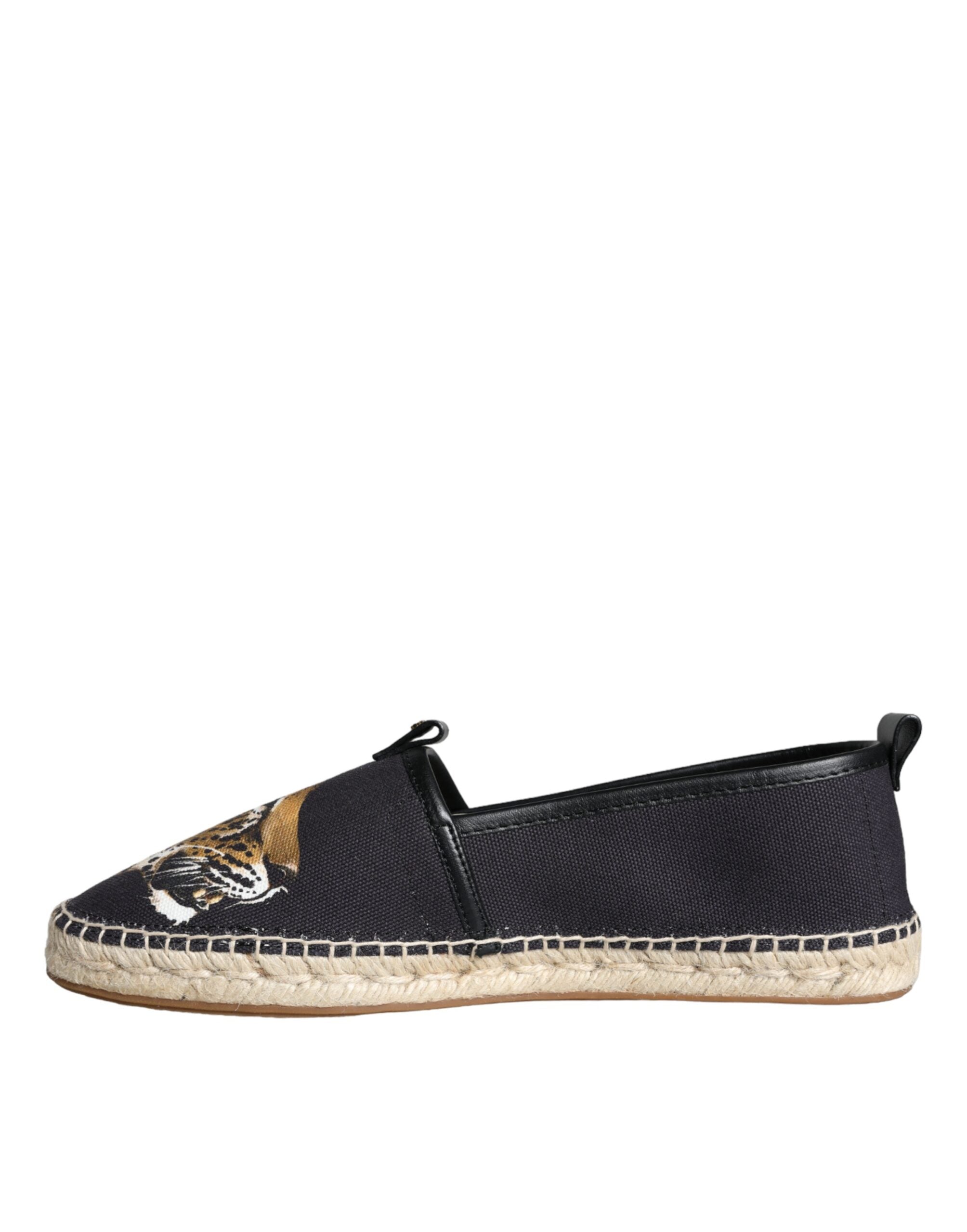 Dolce &amp; Gabbana Black Cotton Leopard Slip On Espadrilles Shoes