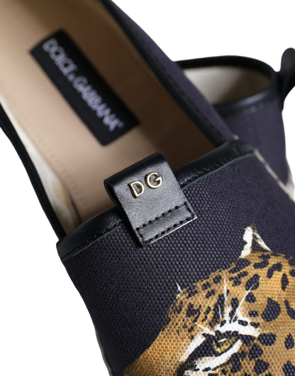 Dolce &amp; Gabbana Black Cotton Leopard Slip On Espadrilles Shoes