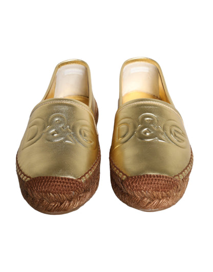 Dolce &amp; Gabbana Gold Leather Loafers Flats Espadrille Shoes