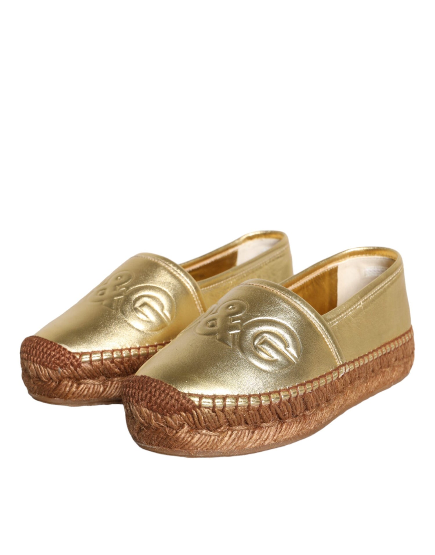 Dolce &amp; Gabbana Gold Leather Loafers Flats Espadrille Shoes