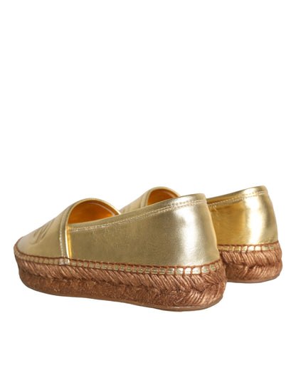 Dolce &amp; Gabbana Gold Leather Loafers Flats Espadrille Shoes