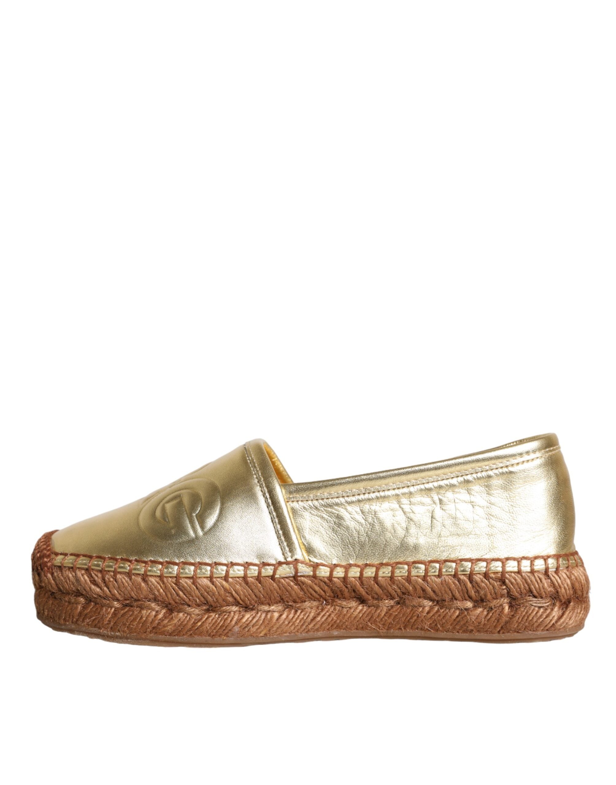 Dolce &amp; Gabbana Gold Leather Loafers Flats Espadrille Shoes