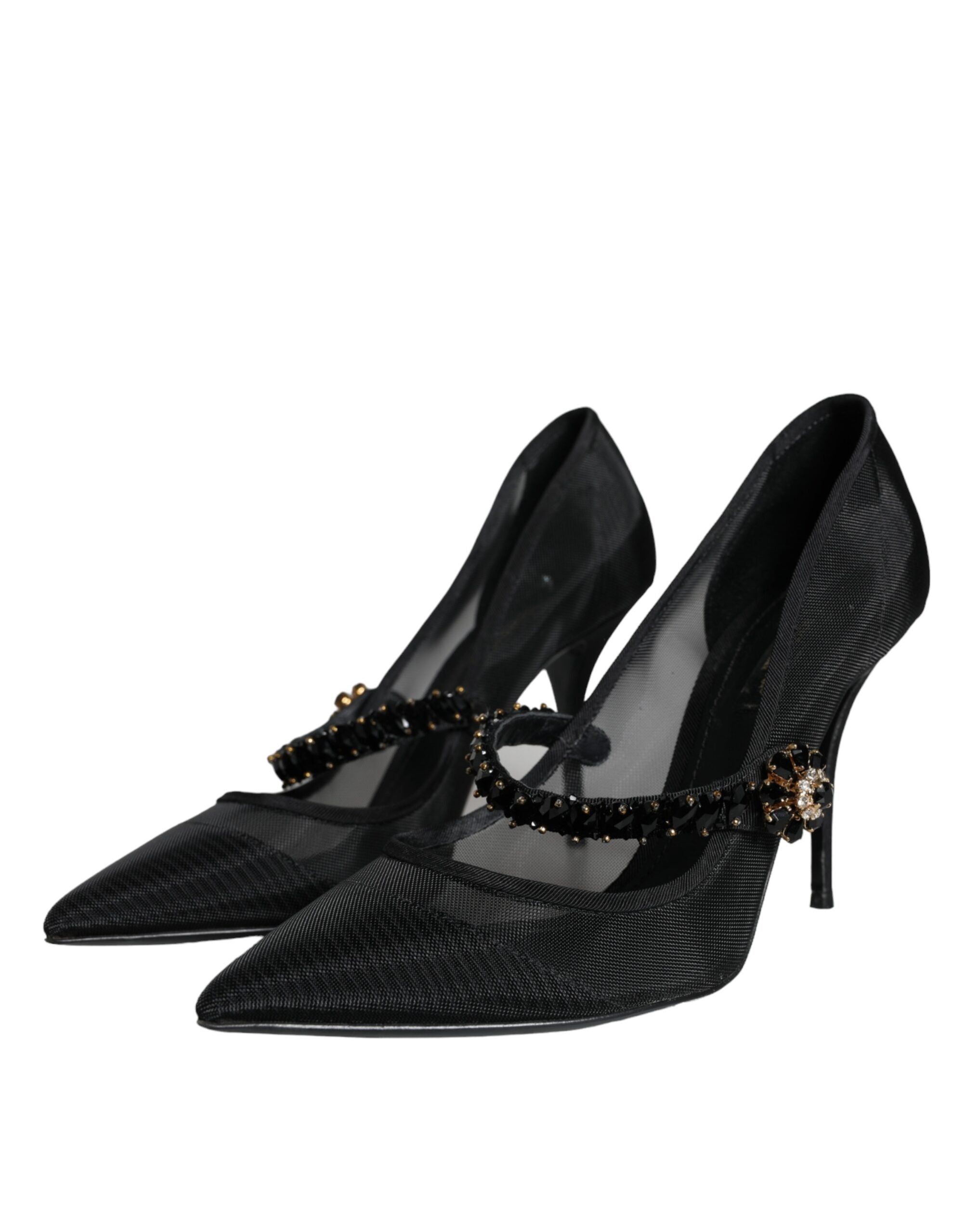 Dolce &amp; Gabbana Black Mesh Mary Jane Crystal Heel Pumps Shoes