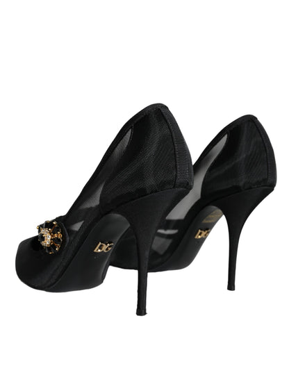 Dolce &amp; Gabbana Black Mesh Mary Jane Crystal Heel Pumps Shoes