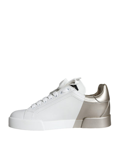 Dolce &amp; Gabbana White Gold Portofino Low Top Leather Sneakers Shoes