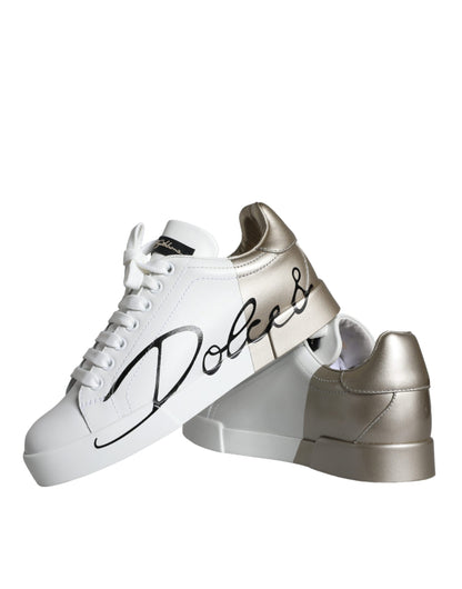 Dolce &amp; Gabbana White Gold Portofino Low Top Leather Sneakers Shoes