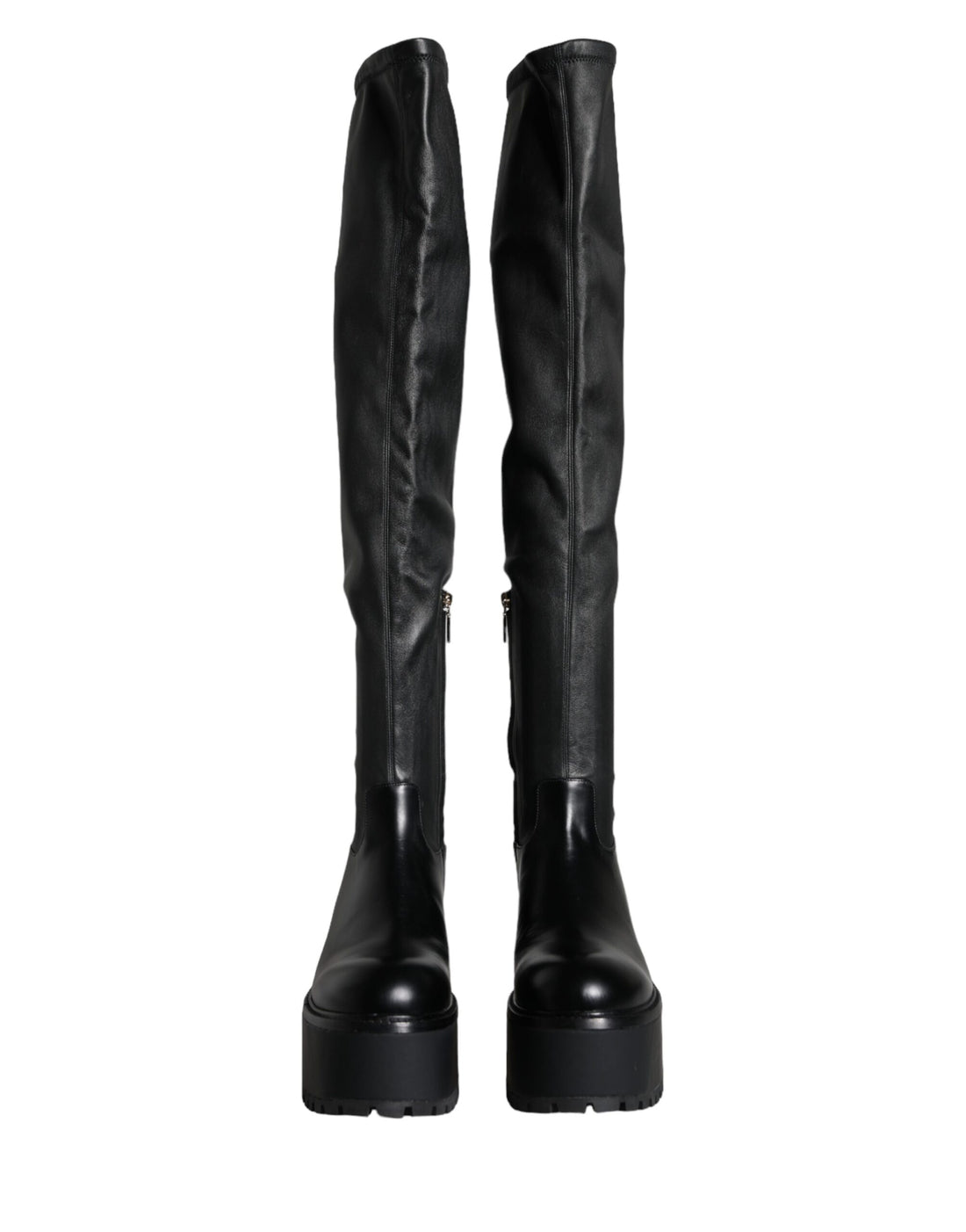 Dolce &amp; Gabbana Black Leather Logo Knee High Boots Shoes