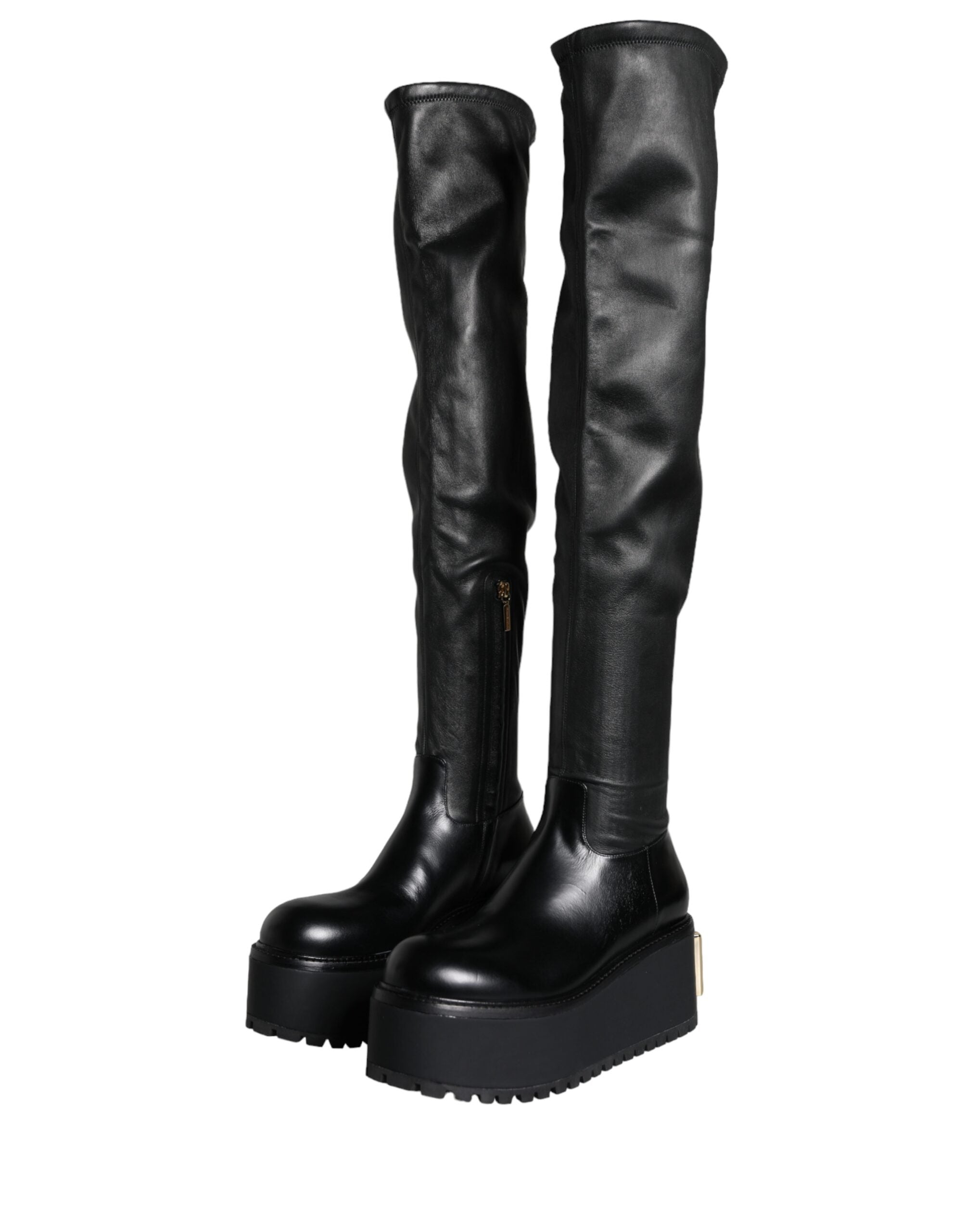 Dolce &amp; Gabbana Black Leather Logo Knee High Boots Shoes