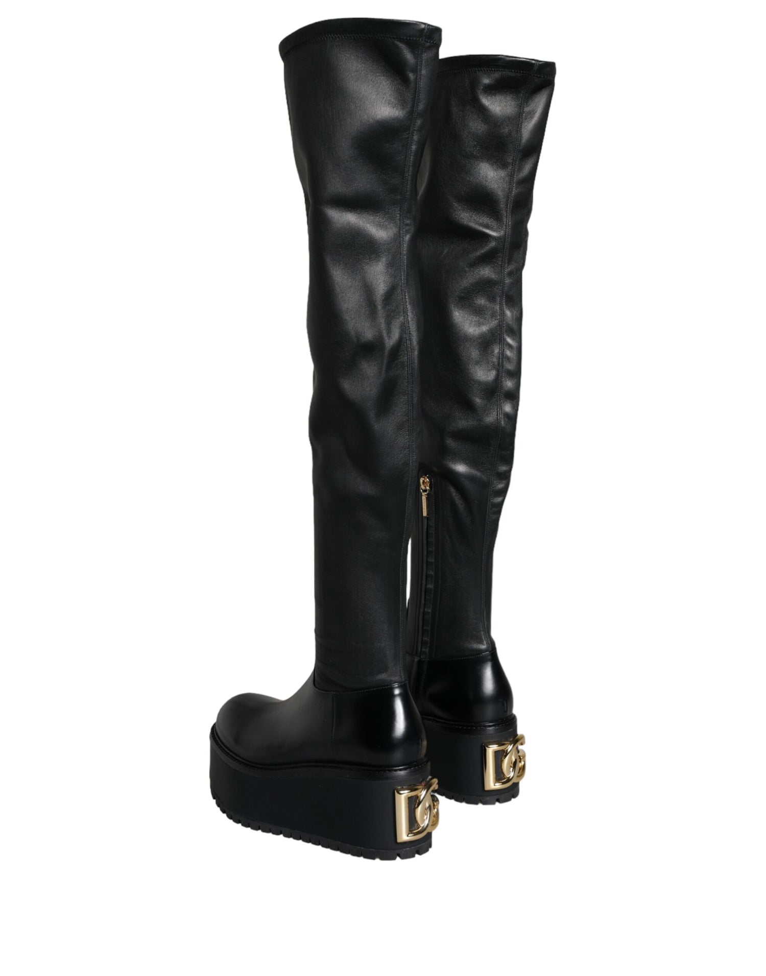 Dolce &amp; Gabbana Black Leather Logo Knee High Boots Shoes