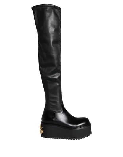 Dolce &amp; Gabbana Black Leather Logo Knee High Boots Shoes