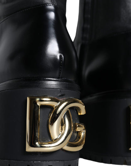 Dolce &amp; Gabbana Black Leather Logo Knee High Boots Shoes