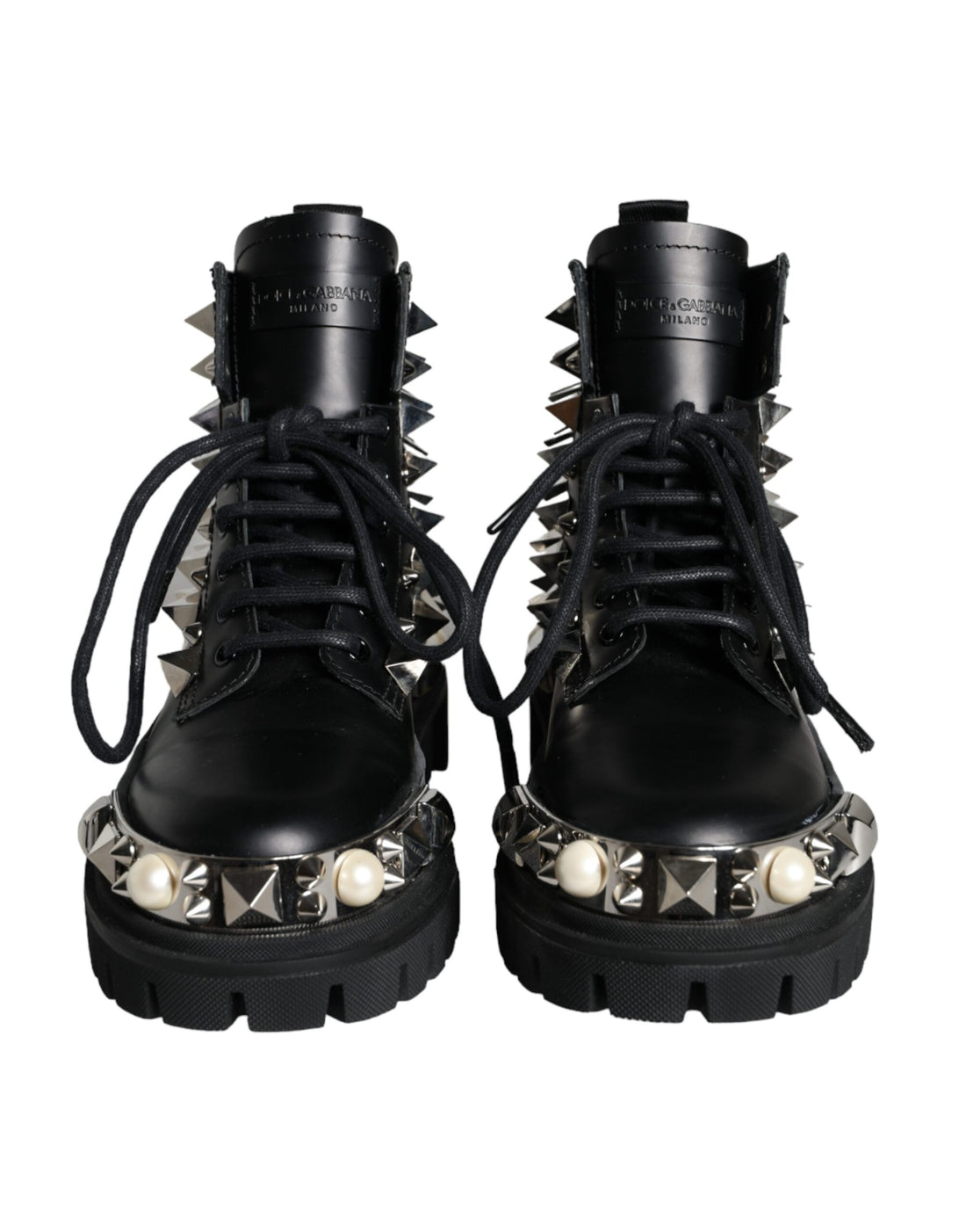 Dolce &amp; Gabbana Black Leather Studs Embellished Combat Boots Shoes