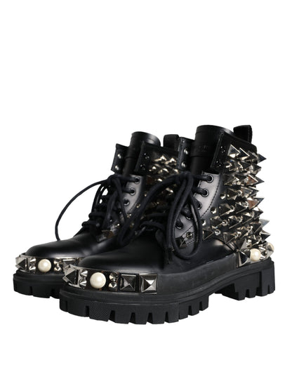 Dolce &amp; Gabbana Black Leather Studs Embellished Combat Boots Shoes