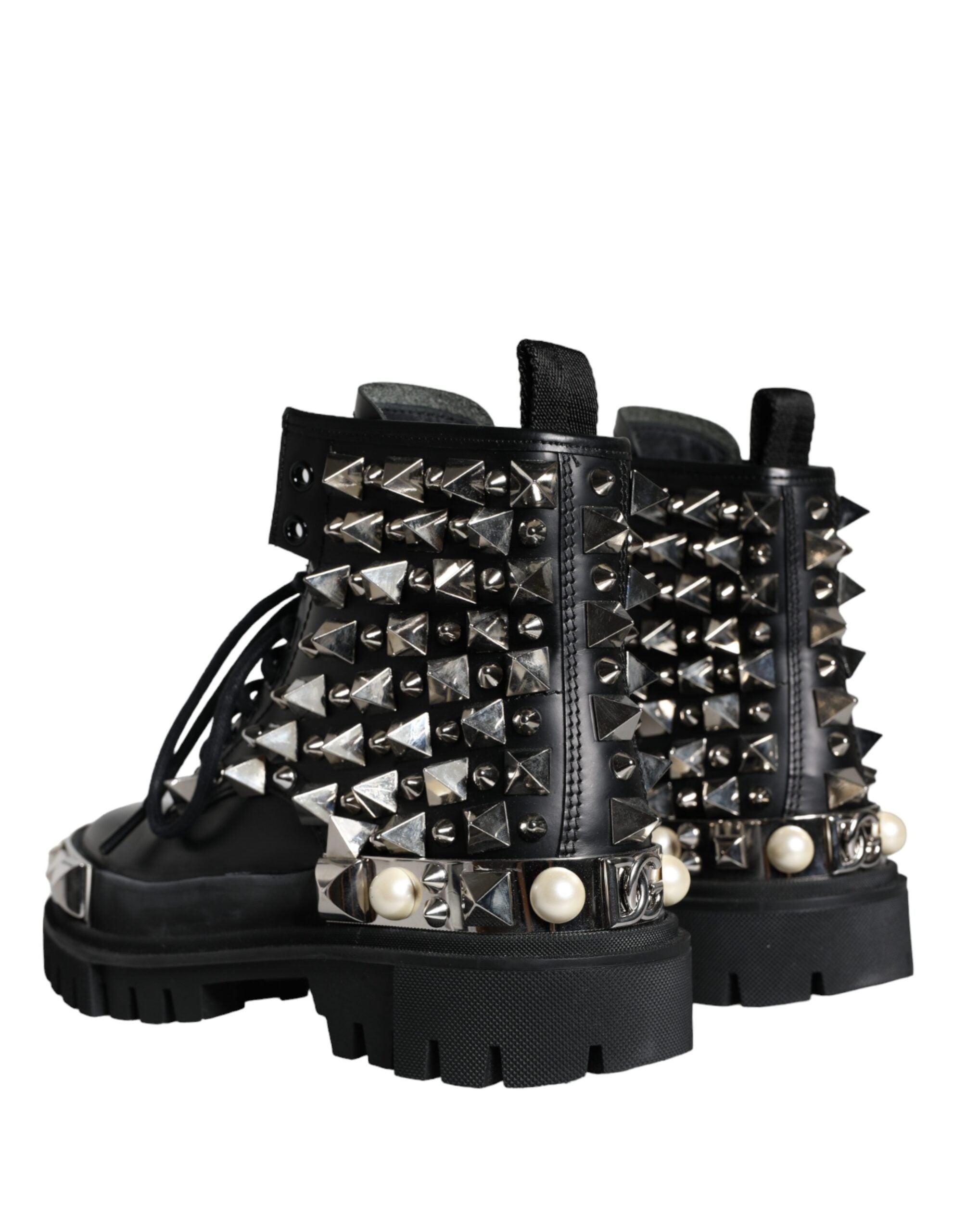 Dolce &amp; Gabbana Black Leather Studs Embellished Combat Boots Shoes