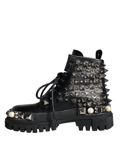 Dolce &amp; Gabbana Black Leather Studs Embellished Combat Boots Shoes