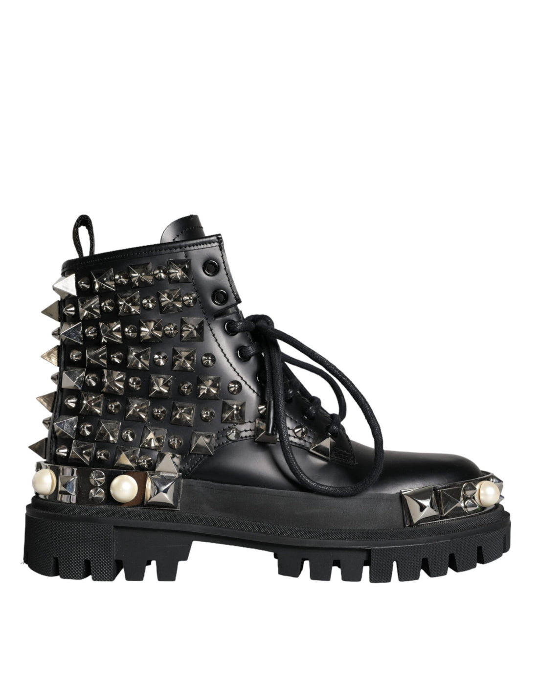 Dolce &amp; Gabbana Black Leather Studs Embellished Combat Boots Shoes